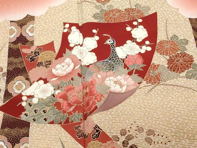 平和屋着物■豪華色留袖 駒刺繍 孔雀色紙枝花文 暈し染め 金彩 正絹 逸品 CABE1622ev