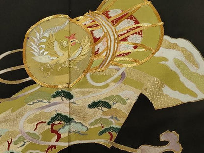平和屋着物■豪華黒留袖　駒刺繍　鼓　飛鶴松花文　金彩　正絹　逸品　CABE1680ev