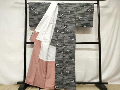 平和屋着物■小紋　エ霞草花文　黒地　洗える着物　CABE1846ev