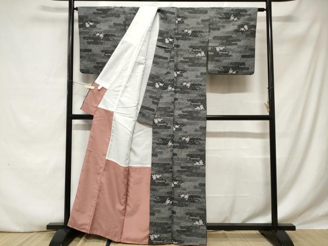 平和屋着物■小紋　エ霞草花文　黒地　洗える着物　CABE1846ev
