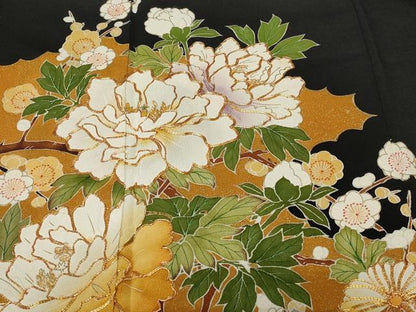 平和屋着物■豪華黒留袖　駒刺繍　流水枝花文　金彩　正絹　逸品　CABE1854ev