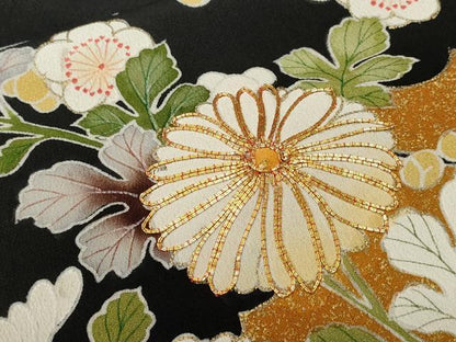 平和屋着物■豪華黒留袖　駒刺繍　流水枝花文　金彩　正絹　逸品　CABE1854ev