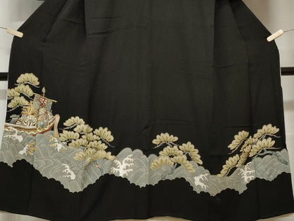 平和屋着物■豪華黒留袖　刺繍　立波枝松文　舟宝尽くし文　金彩　正絹　逸品　CABE1858ev