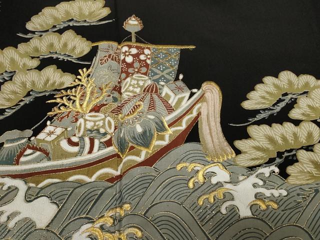 平和屋着物■豪華黒留袖　刺繍　立波枝松文　舟宝尽くし文　金彩　正絹　逸品　CABE1858ev