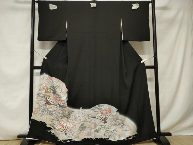 平和屋着物■豪華黒留袖　駒刺繍　尾長鳥扇面花文　暈し染め　金彩　正絹　逸品　CABE1865ev