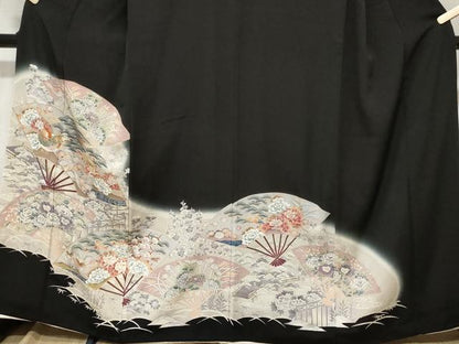 平和屋着物■豪華黒留袖　駒刺繍　尾長鳥扇面花文　暈し染め　金彩　正絹　逸品　CABE1865ev