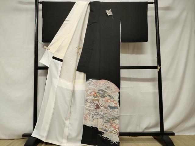 平和屋着物■豪華黒留袖　駒刺繍　尾長鳥扇面花文　暈し染め　金彩　正絹　逸品　CABE1865ev
