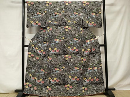 平和屋着物■訪問着 流水草花文 黒地 正絹 逸品 CABE1895ev