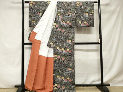 平和屋着物■訪問着 流水草花文 黒地 正絹 逸品 CABE1895ev
