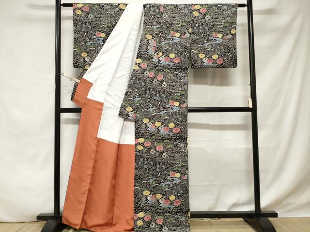 平和屋着物■訪問着 流水草花文 黒地 正絹 逸品 CABE1895ev