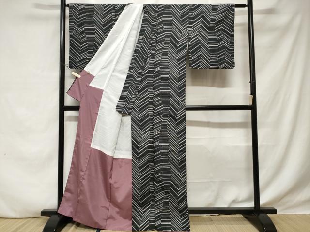 平和屋着物■小紋　幾何学文　黒地　洗える着物　CABE1898ev