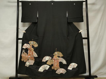 平和屋着物■豪華黒留袖 刺繍 鉾 地紙花文 金彩 正絹 逸品 CABE1915ev
