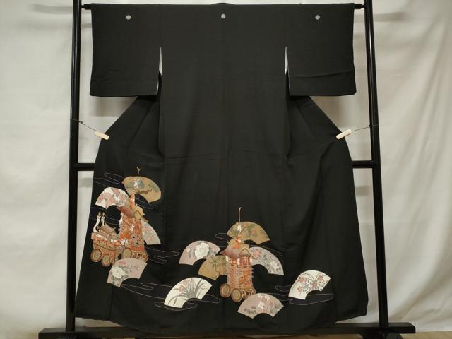 平和屋着物■豪華黒留袖 刺繍 鉾 地紙花文 金彩 正絹 逸品 CABE1915ev