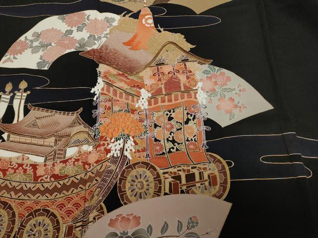 平和屋着物■豪華黒留袖 刺繍 鉾 地紙花文 金彩 正絹 逸品 CABE1915ev