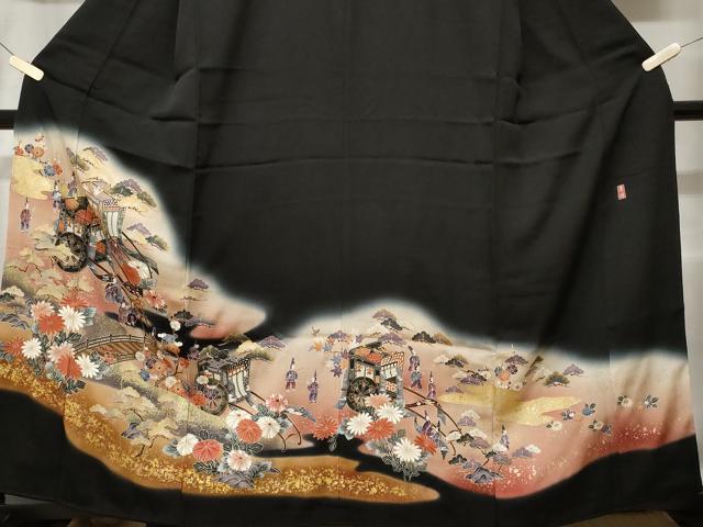 平和屋着物■豪華黒留袖 駒刺繍 御所車人物文 暈し染め 金彩 正絹 逸品 CABE1988ev