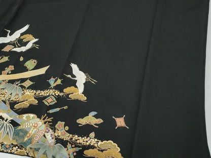 平和屋着物●豪華黒留袖　駒刺繍　鬘帯飛鶴雲取り吉祥花唐草文　金彩　正絹　逸品　CABE2010yc