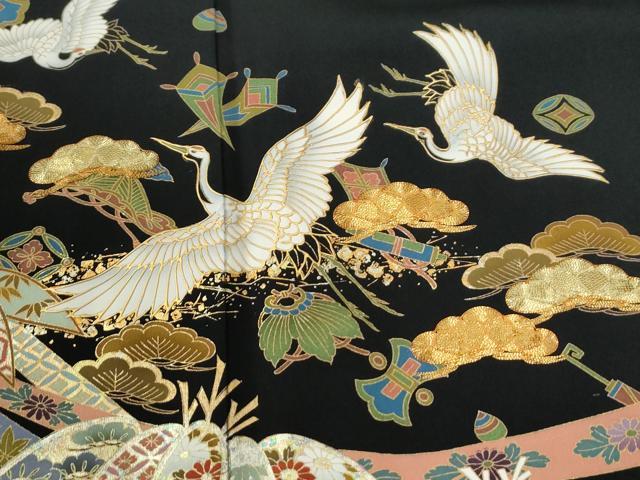 平和屋着物●豪華黒留袖　駒刺繍　鬘帯飛鶴雲取り吉祥花唐草文　金彩　正絹　逸品　CABE2010yc