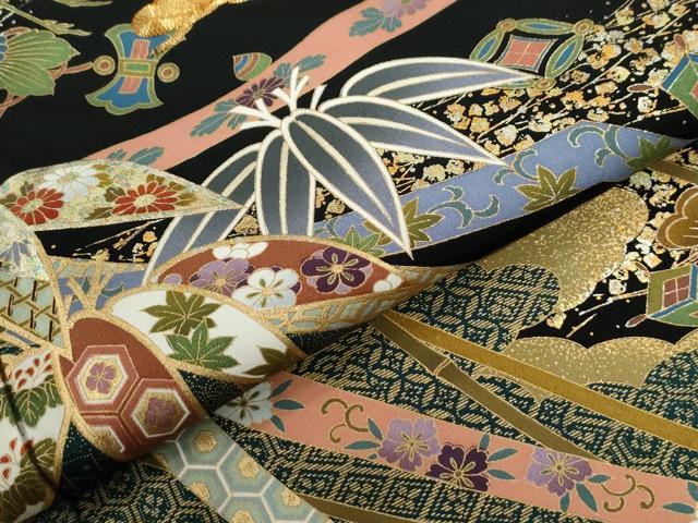 平和屋着物●豪華黒留袖　駒刺繍　鬘帯飛鶴雲取り吉祥花唐草文　金彩　正絹　逸品　CABE2010yc