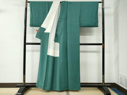平和屋着物●上質な色無地　枝葉地紋　緑青色　正絹　逸品　CABE2021yc