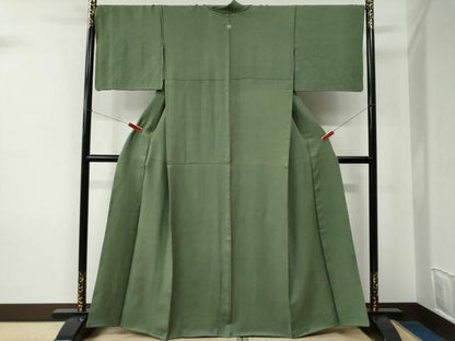 平和屋着物●上質な色無地　唐草地紋　草色　正絹　逸品　CABE2058yc