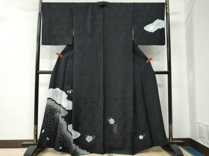 平和屋着物●訪問着　絞り　雲取り花唐草文　黒地　金彩　正絹　逸品　CABE2075yc