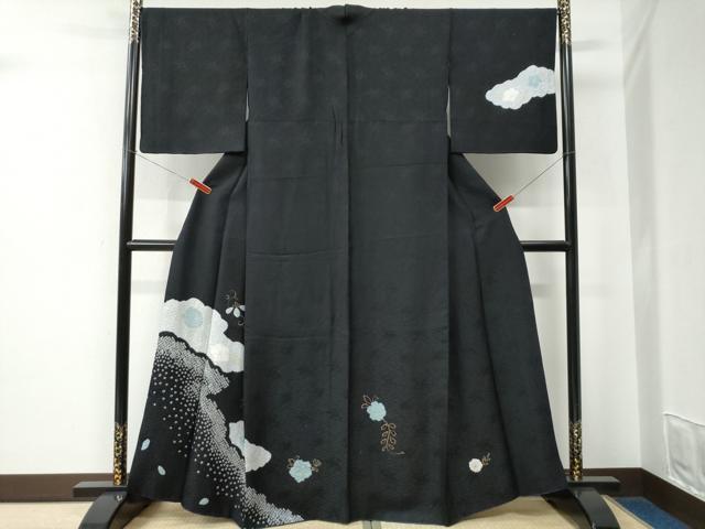 平和屋着物●訪問着　絞り　雲取り花唐草文　黒地　金彩　正絹　逸品　CABE2075yc