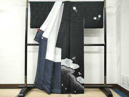 平和屋着物●訪問着　絞り　雲取り花唐草文　黒地　金彩　正絹　逸品　CABE2075yc