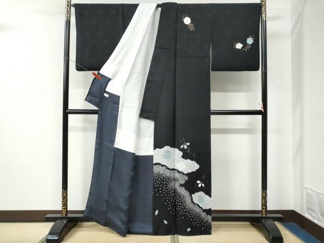 平和屋着物●訪問着　絞り　雲取り花唐草文　黒地　金彩　正絹　逸品　CABE2075yc