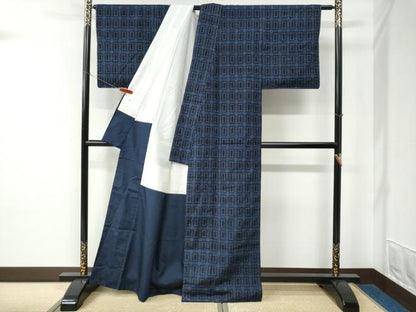平和屋着物●上質な紬　藍　吉祥文　高島屋扱い　正絹　逸品　未使用　CABE2081yc