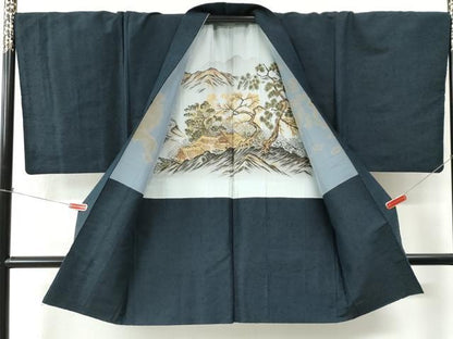 平和屋着物●男性　髭紬　アンサンブル・長襦袢セット　色無地　留紺色　正絹　逸品　CABE2087yc