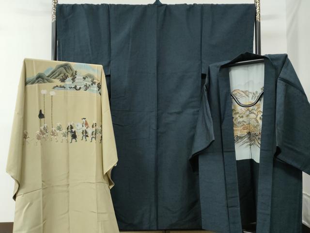 平和屋着物●男性　髭紬　アンサンブル・長襦袢セット　色無地　留紺色　正絹　逸品　CABE2087yc