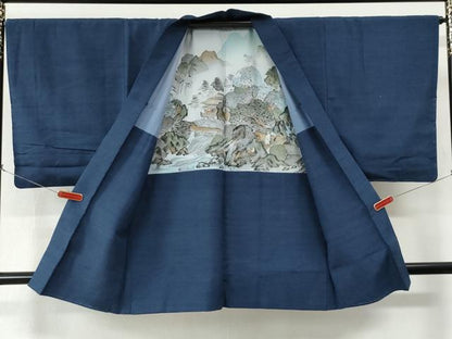 平和屋着物●男性　紬　アンサンブル・長襦袢セット　色無地　紺色　正絹　逸品　未使用　CABE2088yc