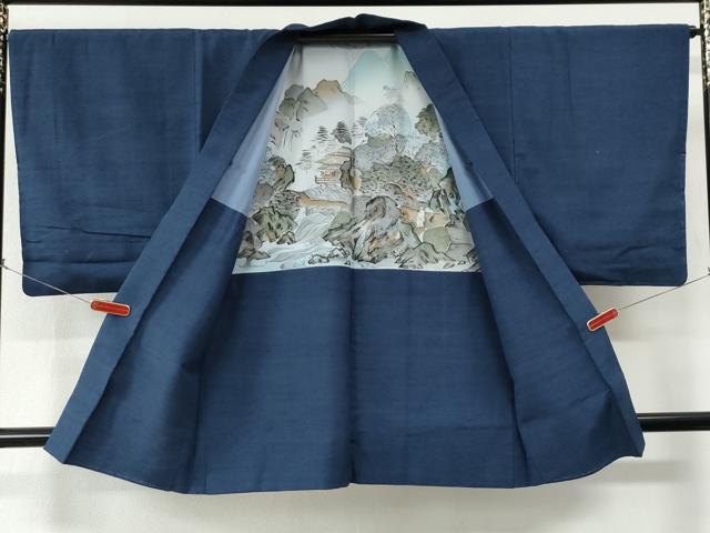 平和屋着物●男性　紬　アンサンブル・長襦袢セット　色無地　紺色　正絹　逸品　未使用　CABE2088yc