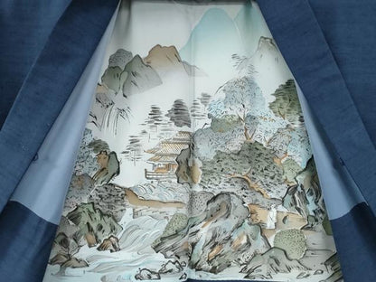 平和屋着物●男性　紬　アンサンブル・長襦袢セット　色無地　紺色　正絹　逸品　未使用　CABE2088yc