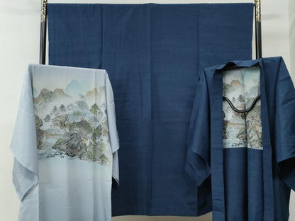 平和屋着物●男性　紬　アンサンブル・長襦袢セット　色無地　紺色　正絹　逸品　未使用　CABE2088yc