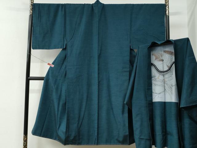 平和屋着物●男性　紬　アンサンブル　色無地　高麗納戸色　羽裏：鷹　キングサイズ　正絹　逸品　未使用　CABE2089yc