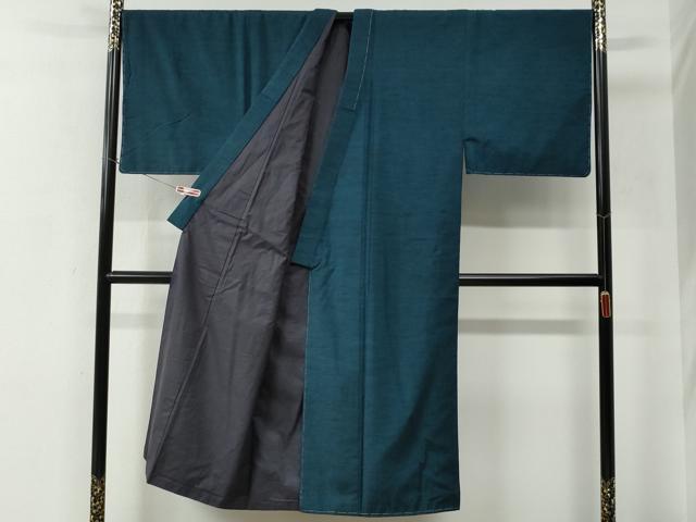 平和屋着物●男性　紬　アンサンブル　色無地　高麗納戸色　羽裏：鷹　キングサイズ　正絹　逸品　未使用　CABE2089yc