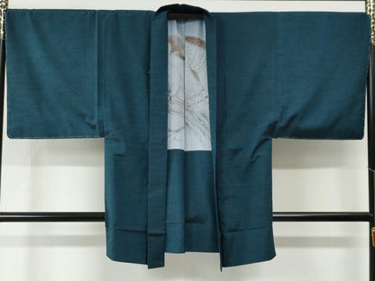 平和屋着物●男性　紬　アンサンブル　色無地　高麗納戸色　羽裏：鷹　キングサイズ　正絹　逸品　未使用　CABE2089yc