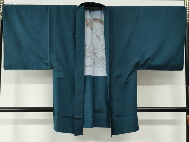 平和屋着物●男性　紬　アンサンブル　色無地　高麗納戸色　羽裏：鷹　キングサイズ　正絹　逸品　未使用　CABE2089yc