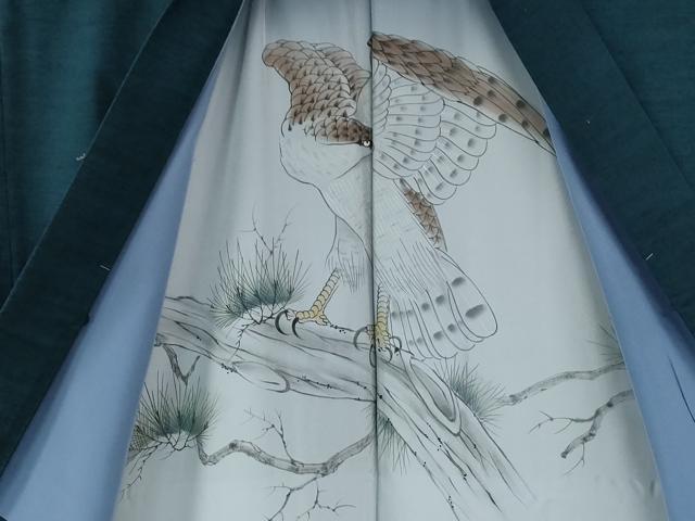 平和屋着物●男性　紬　アンサンブル　色無地　高麗納戸色　羽裏：鷹　キングサイズ　正絹　逸品　未使用　CABE2089yc