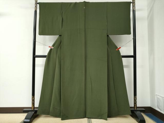 平和屋着物●上質な色無地　草色　鬼しぼ縮緬　正絹　逸品　CABE2091yc