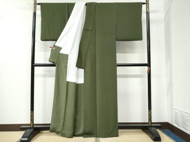 平和屋着物●上質な色無地　草色　鬼しぼ縮緬　正絹　逸品　CABE2091yc