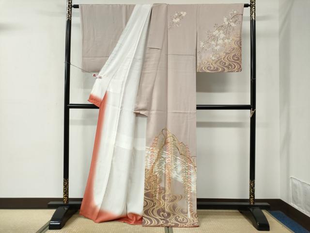 平和屋着物●訪問着　流水枝垂れ柳文　暈し染め　金彩　正絹　逸品　CABE2119yc