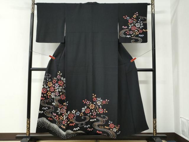 平和屋着物●訪問着　絞り　立波枝花文　黒地　正絹　逸品　CABE2141yc