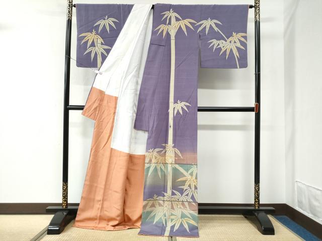 平和屋着物●訪問着　駒刺繍　笹竹文　暈し染め　金彩　ロング丈　正絹　逸品　CABE2148yc