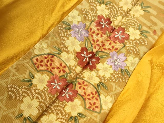 平和屋着物●長襦袢　無双仕立て　扇面舞桜地紋　金茶色　半衿刺繍　正絹　逸品　CABE2160yc