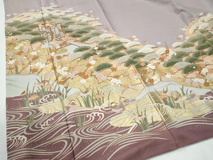 平和屋着物●色留訪問着　作家物　駒刺繍　浜松鴛鴦御所車花文　金彩　ロング丈　正絹　逸品　CABE2163yc