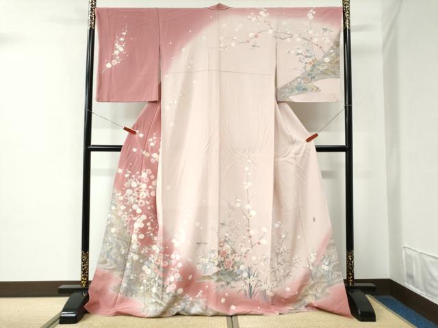 平和屋着物●十日町友禅作家　松雨　訪問着　尾長鳥流水草花文　暈し染め　金彩　ロング丈　正絹　逸品　CABE2188yc