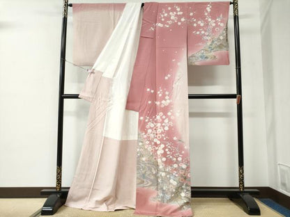 平和屋着物●十日町友禅作家　松雨　訪問着　尾長鳥流水草花文　暈し染め　金彩　ロング丈　正絹　逸品　CABE2188yc