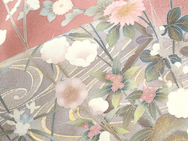 平和屋着物●十日町友禅作家　松雨　訪問着　尾長鳥流水草花文　暈し染め　金彩　ロング丈　正絹　逸品　CABE2188yc